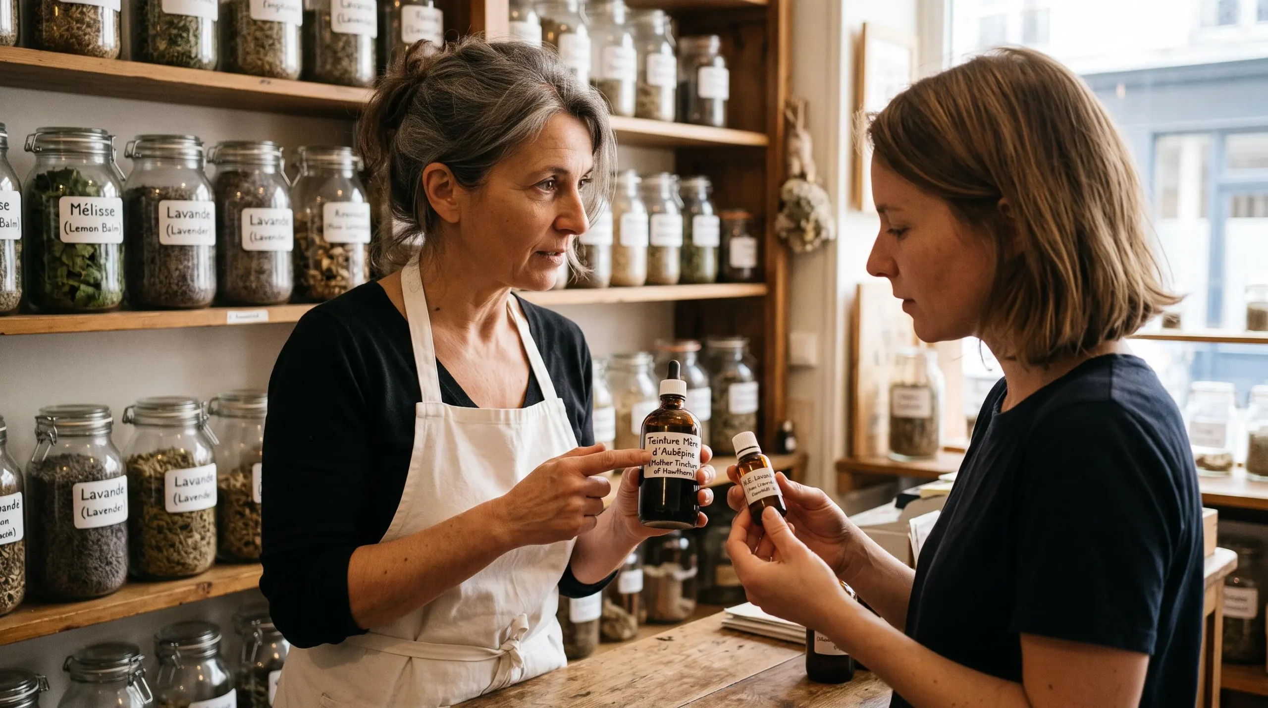 Pharmacienne présentant un flacon de teinture mère et un flacon d'huile essentielle à une cliente dans une herboristerie.
