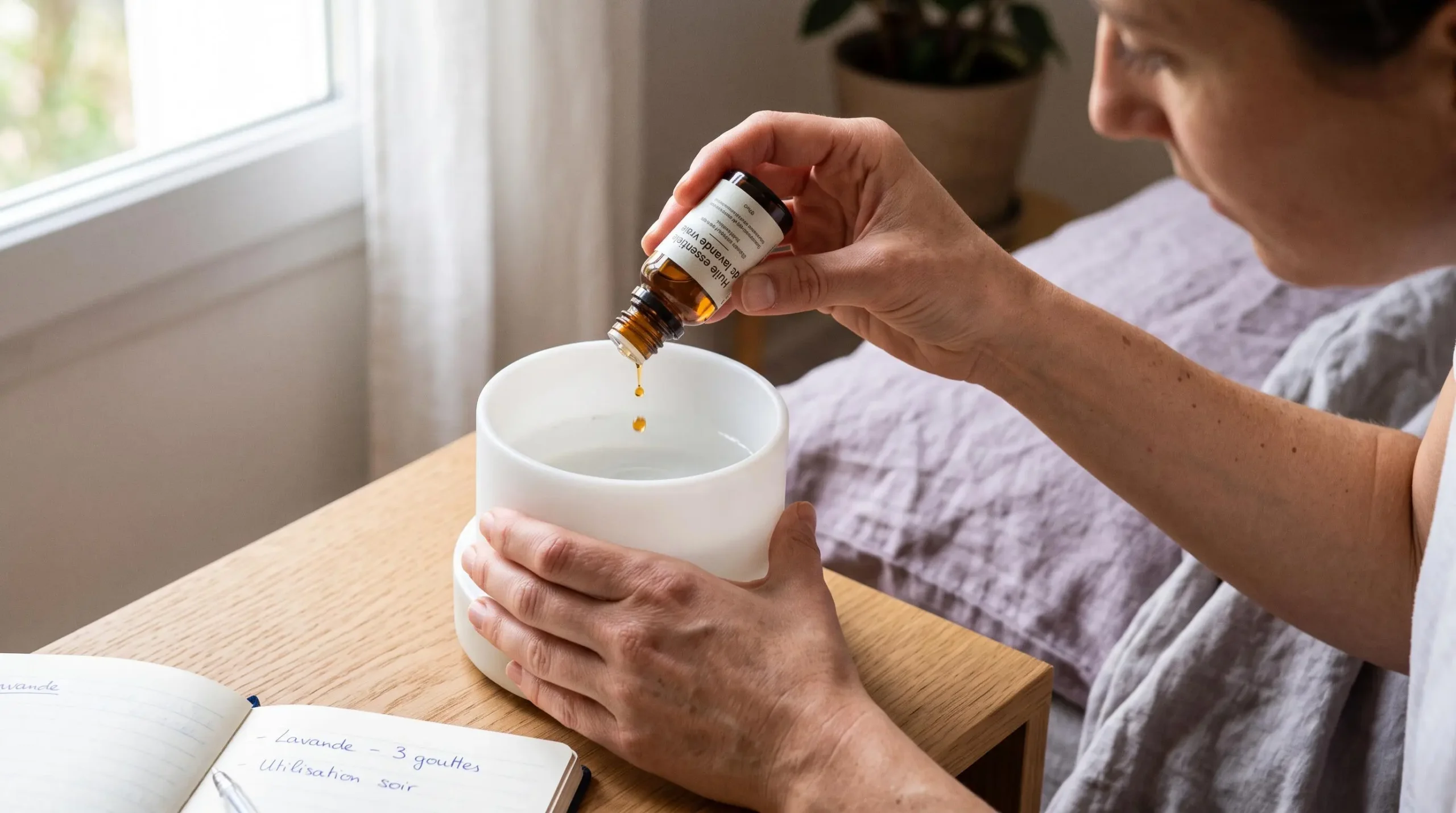 Mains versant des gouttes d'huile essentielle de lavande dans le réservoir d'un diffuseur, guide de posologie posé à côté.