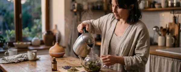 Femme versant de l'eau chaude dans une théière de tisane de mélisse dans une cuisine, plantes séchées et flacon d'huile essentielle sur le plan de travail.