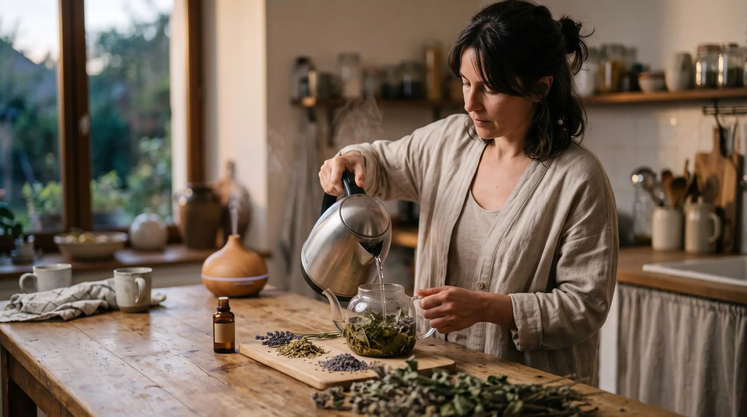 Femme versant de l'eau chaude dans une théière de tisane de mélisse dans une cuisine, plantes séchées et flacon d'huile essentielle sur le plan de travail.