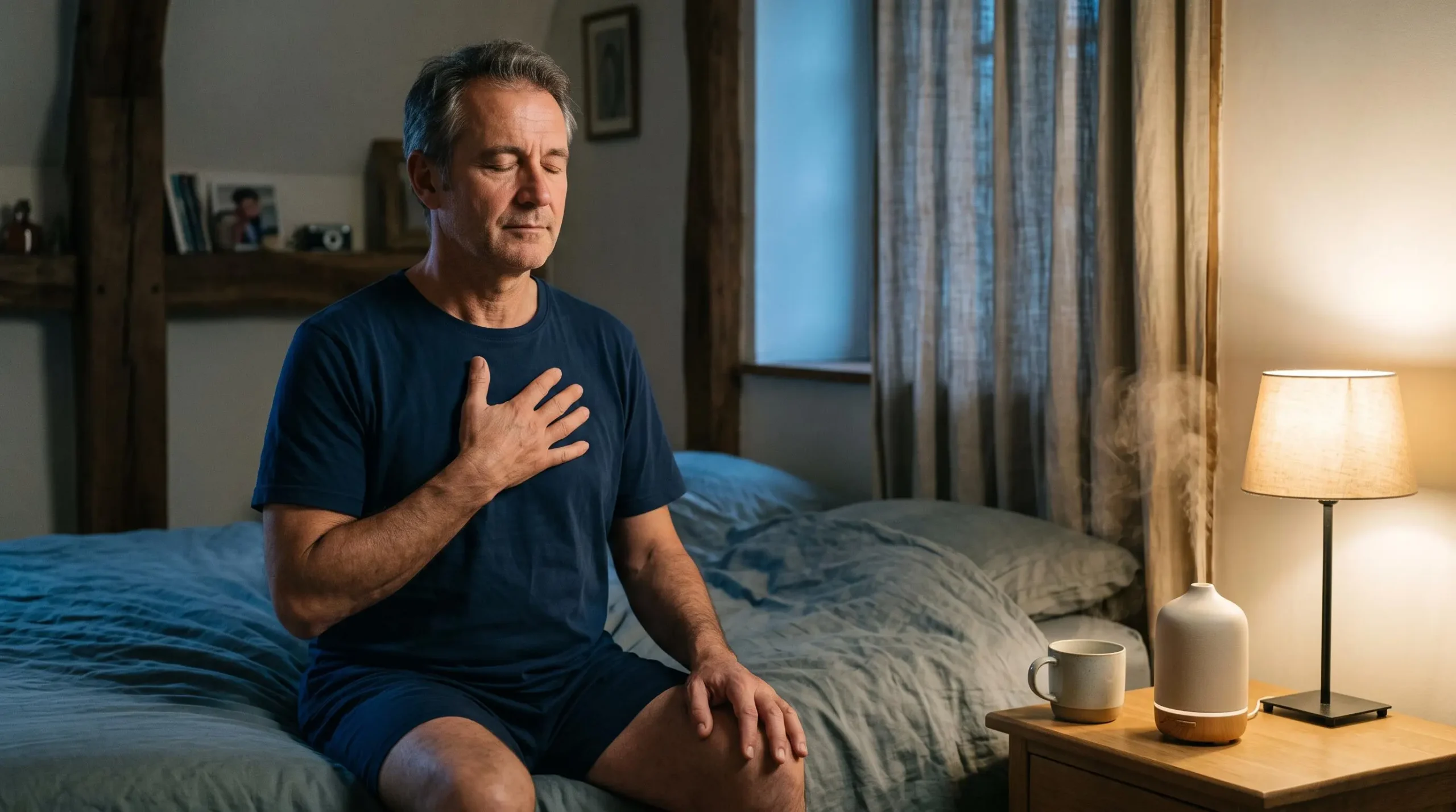 Homme assis au bord de son lit pratiquant un exercice de respiration, diffuseur lavande en fonction sur la table de chevet.